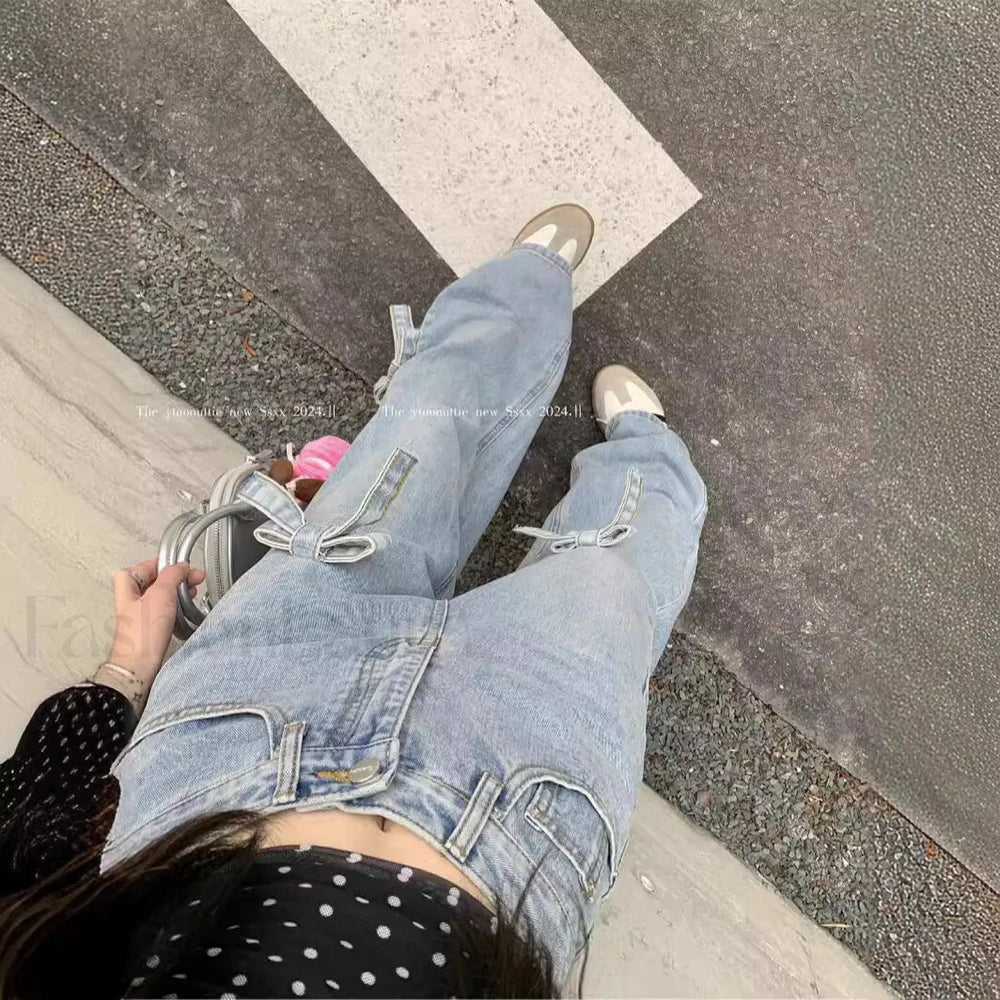 Denim Bow High Trendy Waist Wide Leg Jeans women clothing