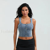 Denim Button Square Crop Top Blue / S
