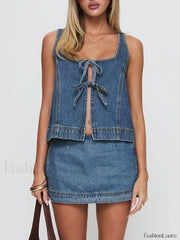 Denim Tie Up Front Top Mini Skirt Two Piece Set