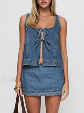Denim Tie Up Front Top Mini Skirt Two Piece Set
