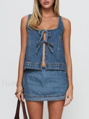 Denim Tie Up Front Top Mini Skirt Two Piece Set