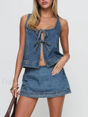 Denim Tie Up Front Top Mini Skirt Two Piece Set
