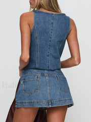 Denim Tie Up Front Top Mini Skirt Two Piece Set