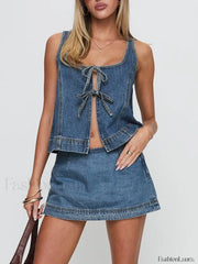 Denim Tie Up Front Top Mini Skirt Two Piece Set