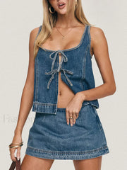 Denim Tie Up Front Top Mini Skirt Two Piece Set