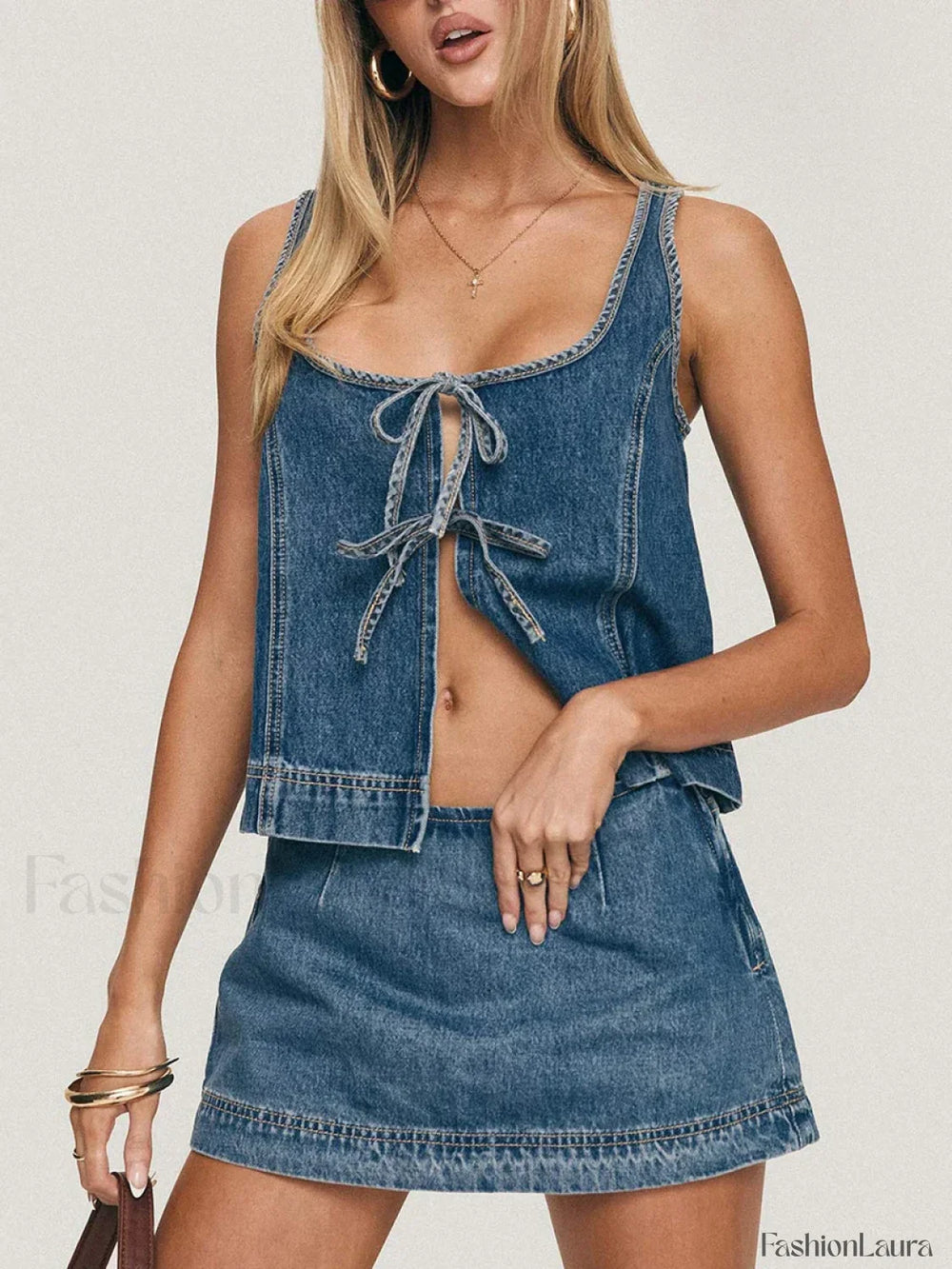 Denim Tie Up Front Top Mini Skirt Two Piece Set
