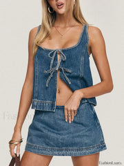 Denim Tie Up Front Top Mini Skirt Two Piece Set