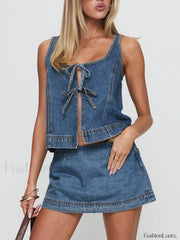 Denim Tie Up Front Top Mini Skirt Two Piece Set Blue / S