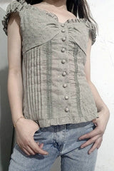 Lace Trim V Neck Button Front Slim Blouse