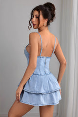 Sexy Denim Halter Tiered Ruffle Mini Dress