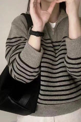 Striped Half Zip Knit Pullover Sweater Khaki / One Size