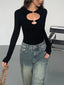 Double Keyholes Long Sleeve Top Black / XS T Shirts