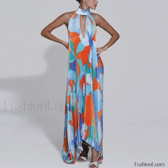 Draped Ethnic Hem Printed Maxi Dress blue 1 / S