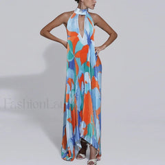 Draped Ethnic Hem Printed Maxi Dress blue 1 / S