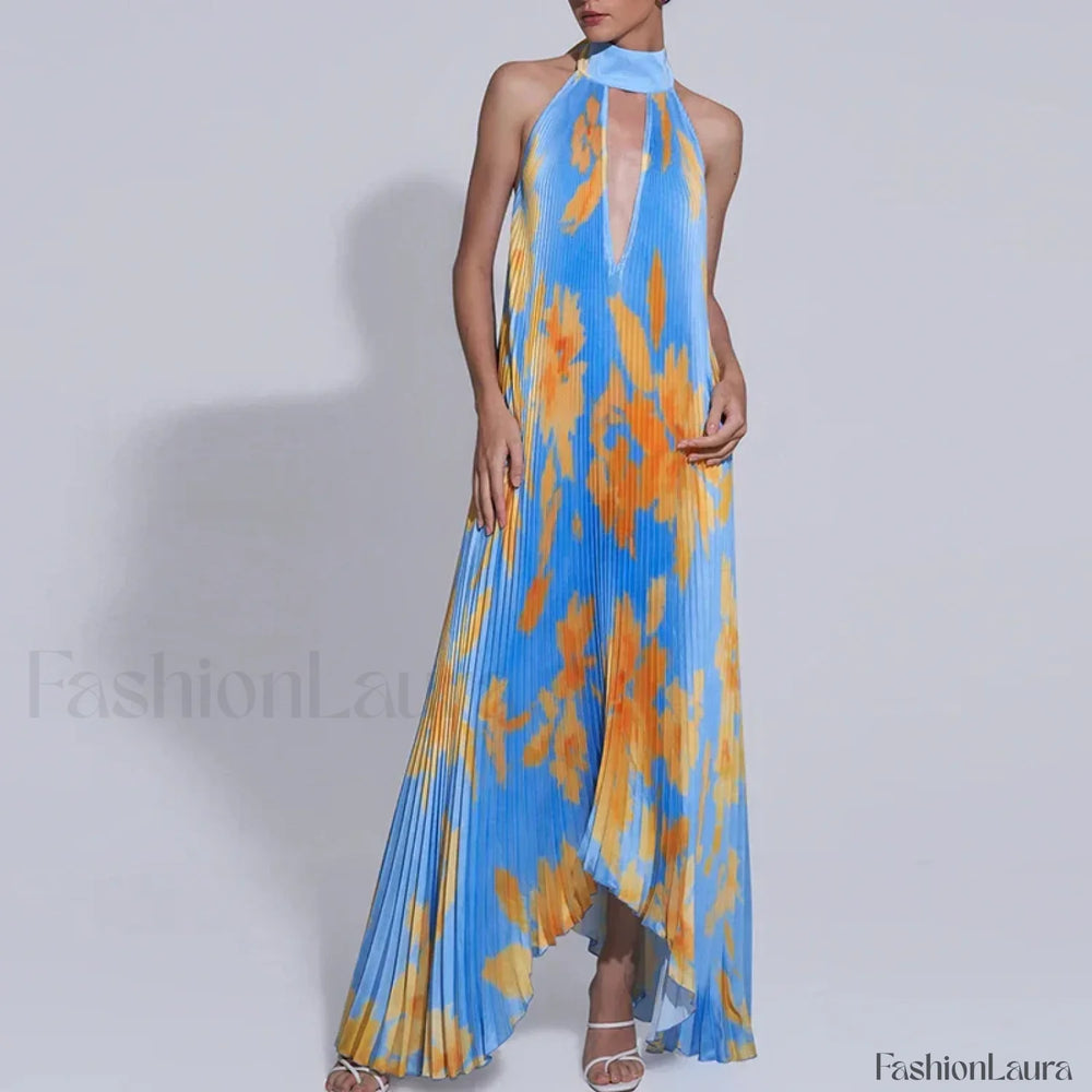 Draped Ethnic Hem Printed Maxi Dress blue / S