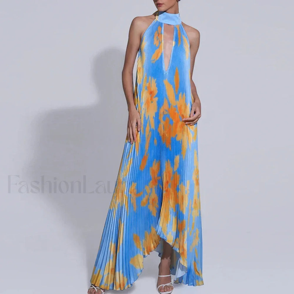 Draped Ethnic Hem Printed Maxi Dress blue / S