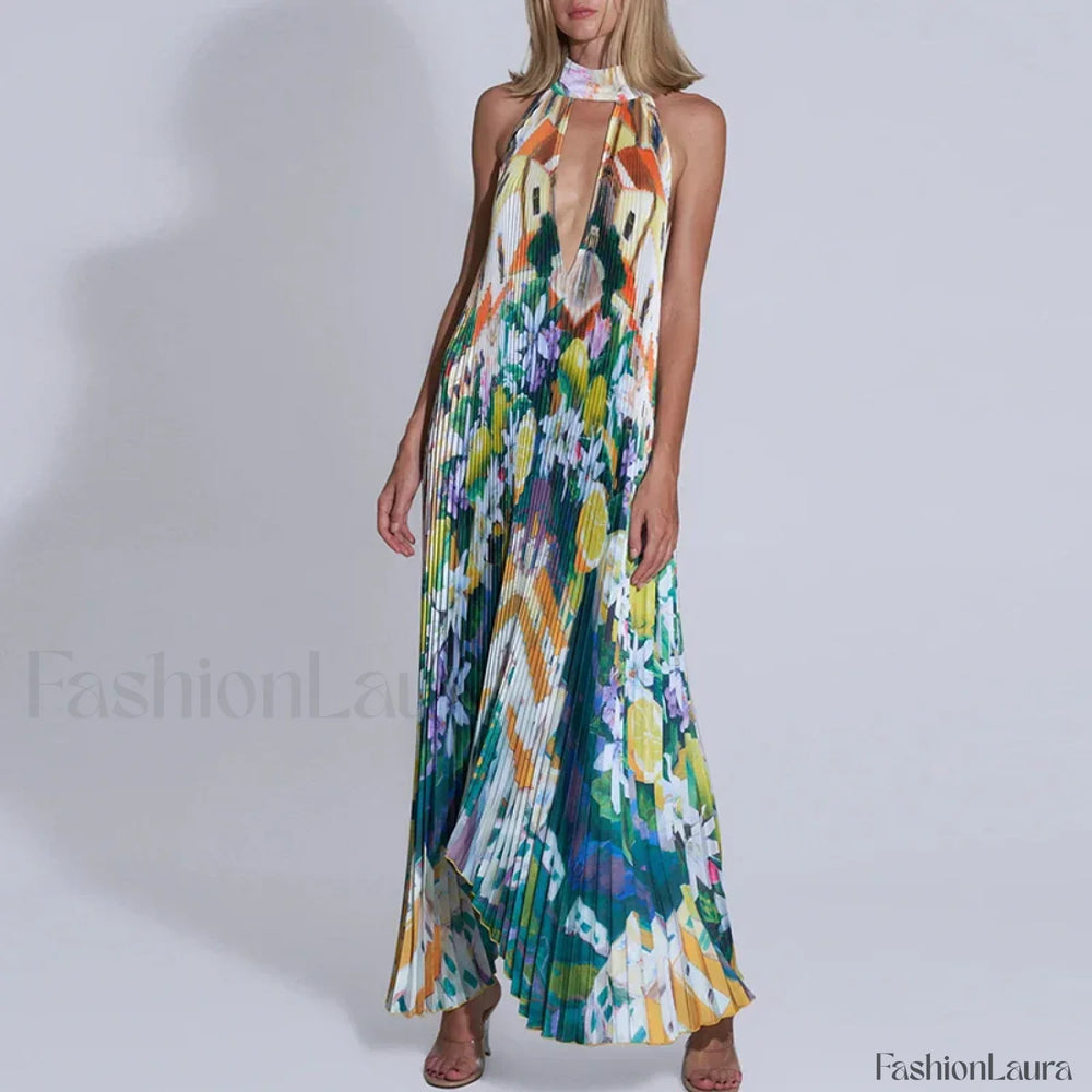 Draped Ethnic Hem Printed Maxi Dress green1 / S