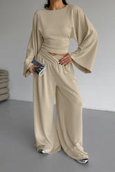 Casual Cinched Waist Flared Sleeve Top Palazzo Pants Set