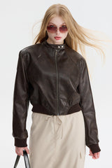 PU Leather Zip Up Bomber Jacket