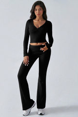 Casual V Neck Flared Stretch Two Piece Pants Set