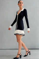 Pearl Button Ruffled Collar Knit Sweater Dress