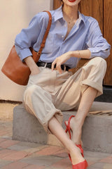 Elegant Blue Stripe Long Sleeve Blouse