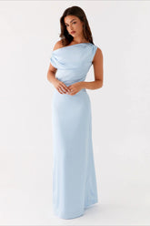 Solid Asymmetric Neckline Formal Dress S / Blue