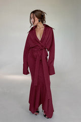 Shirt Style Striped V-Neck Tie Fitted Waist Maxi Dress
