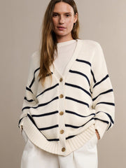 Striped V Neck Knit Cardigan White / S