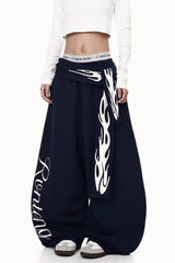 Vintage Flame Print Detachable Tie Curved Sweat Pants