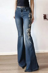 Vintage Plant Embroidered Bootcut Jeans Blue / S