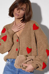 Strawberry Appliqué Chunky Knit Sweater S / Light Tan