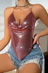 Metal Chain Backless Sequin Bustier Tank Top