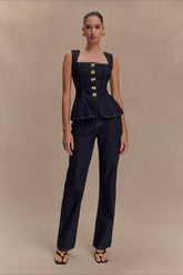 Button Front High Waist Denim Two Piece Vest Pants Set
