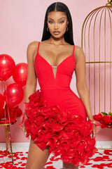 Sexy Solid Spaghetti Strap Ruffled Asymmetric Mini Dress