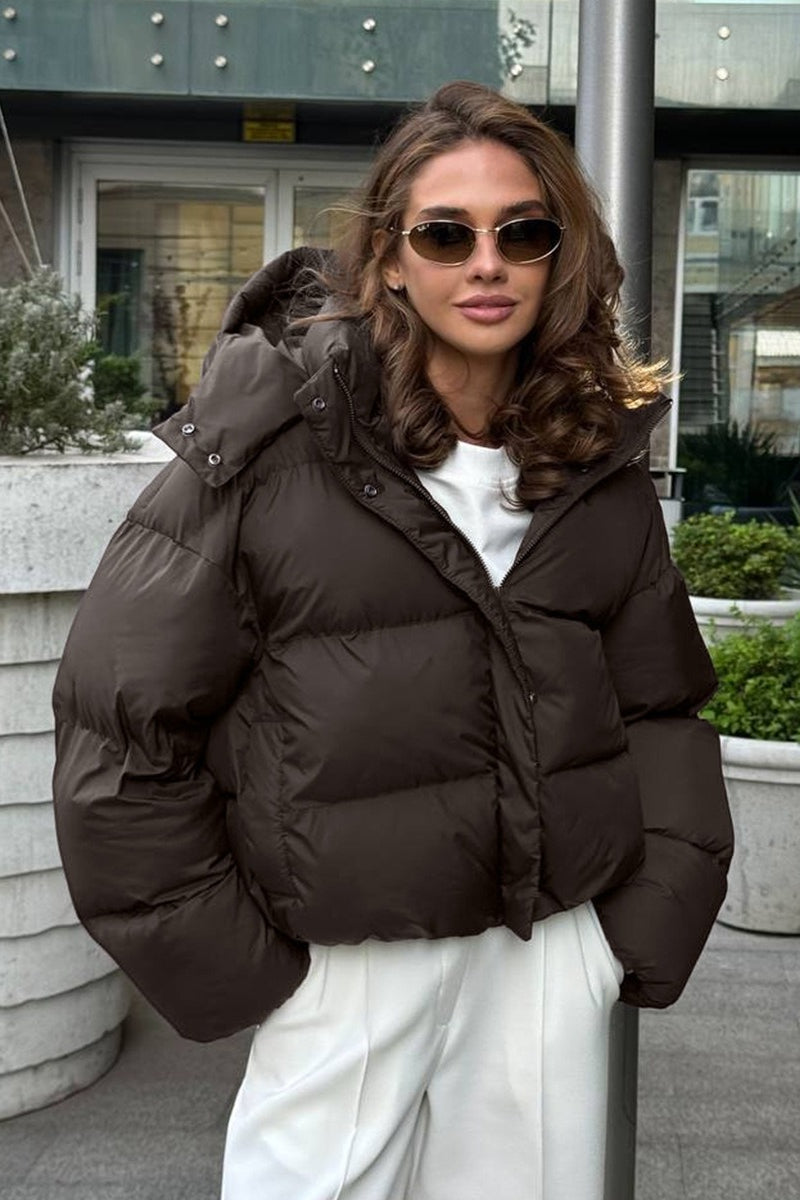 Relaxed Fit Cropped Hooded Puffer Jacket S / Brown