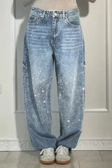 Allover Rhinestone Washed Wide Leg Jeans