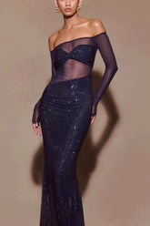 Off Shoulder Rhinestone Maxi Dress