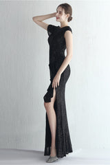 Glitter High Neck Mermaid Slit Formal Dress