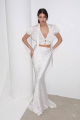 Polka Dot Satin V Neck Crop Top Mermaid Skirt Set