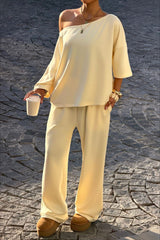One Shoulder Crop Top Wide Leg Pants Set