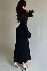 Feather Trim Bodycon Maxi Dress
