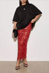 Sequin Fringe Slit Midi Party Skirt