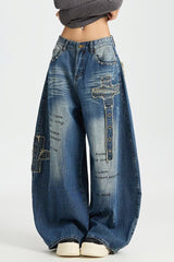 Rivet Patch Curved Leg Loose Retro Hip Hop Jeans