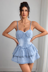 Sexy Denim Halter Tiered Ruffle Mini Dress