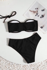 Retro High Waist Metal Detail Halter Strapless Bikini Set