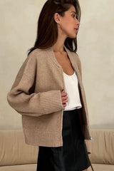 Pleated Knit O Neck Zipper Cardigan Khaki / S