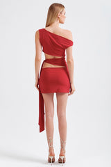 Solid Asymmetrical Neck Cutout Tie Fitted Bodycon Mini Dress