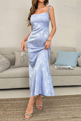 Jacquard Spaghetti Strap Backless Tie Waist Prom Dress