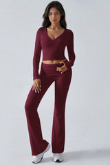 Casual V Neck Flared Stretch Two Piece Pants Set